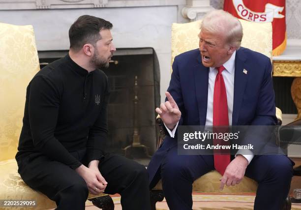 President Donald Trump and Ukrainian President Volodymyr Zelensky meet in the Oval Office at the White House on February 28, 2025 in Washington, DC....