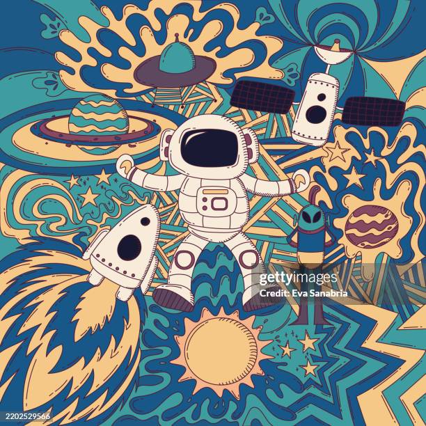 space line art doodle. full colored. - space probe stock illustrations