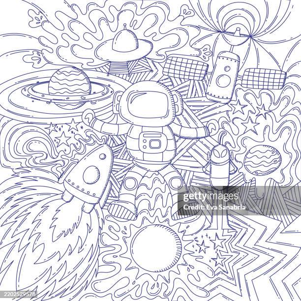 space line art doodle - space probe stock illustrations