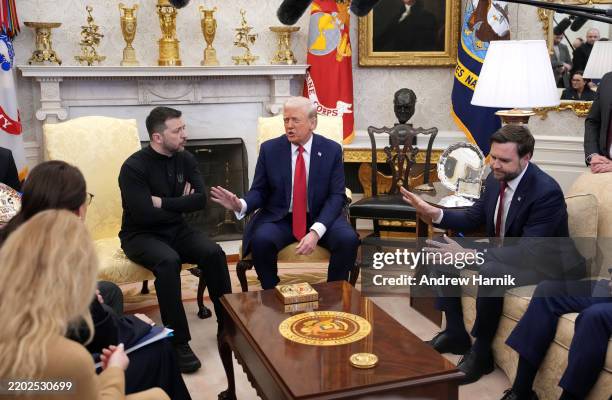President Donald Trump and Vice President JD Vance meet with Ukrainian President Volodymyr Zelensky in the Oval Office at the White House on February...