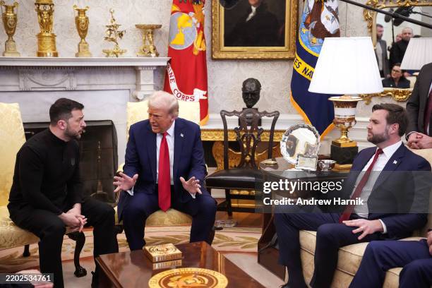 President Donald Trump and Vice President JD Vance meet with Ukrainian President Volodymyr Zelensky in the Oval Office at the White House on February...