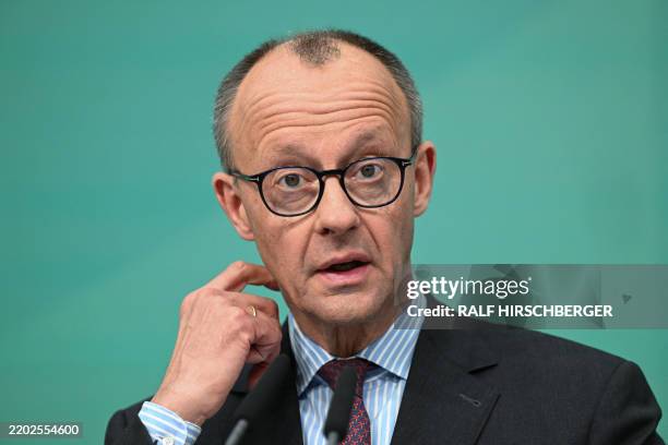 Leader and top candidate for chancellor Friedrich Merz addresses a press conference after a CDU leadership meeting at the Konrad Adenauer Haus,...