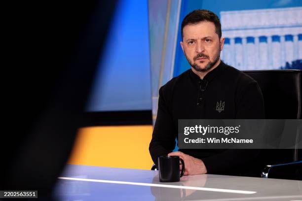 Ukrainian President Volodymyr Zelensky conducts an interview with Fox News Chief Political Anchor Bret Baier on Special Report With Bret Baier at the...
