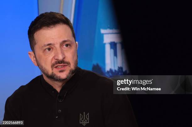 Ukrainian President Volodymyr Zelensky speaks during an interview with Fox News Chief Political Anchor Bret Baier on Special Report With Bret Baier...