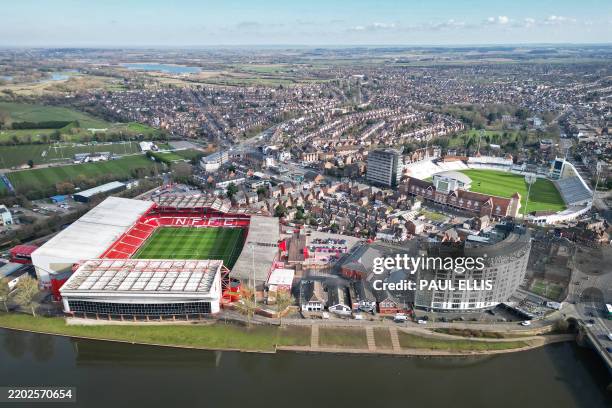 An aerial view shows the sport stadiums of Nottingham Rugby Club , The City Ground, home of Premier League football club Nottingham Forest FC , and...