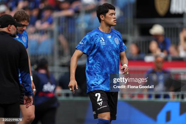 Hiroki Sakai of Auckland FC warms up during the round 21 A-League Men match between Auckland FC and Adelaide United at Go Media Stadium, on March 01...