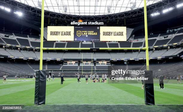 Penrith Panthers players warm up during an NRL team Captain's Run at Allegiant Stadium on February 28, 2025 in Las Vegas, Nevada.