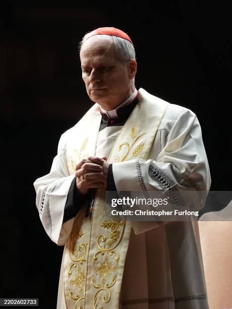 Cardinal Robert Francis Prevost leads rosary prayers for the health of Pope Francis in St Peter's square on March 3, 2025 in Vatican City. Pope...