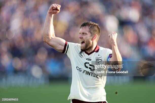 Ryan Kitto of Adelaide United celebrates drawing the score with a goal during the round 21 A-League Men match between Auckland FC and Adelaide United...