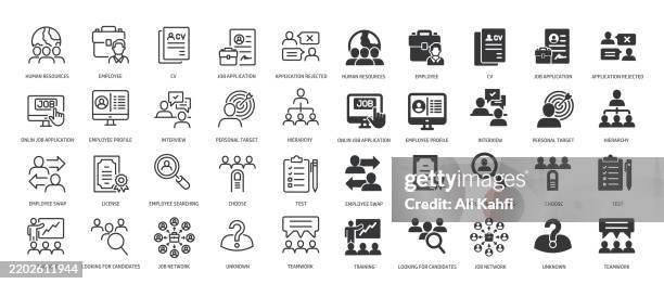 collection of human resources, job, interview, teamwork, employee thin line and glyph solid icon. editable stroke and perfect pixel isolated on transparent background - cv stock illustrations