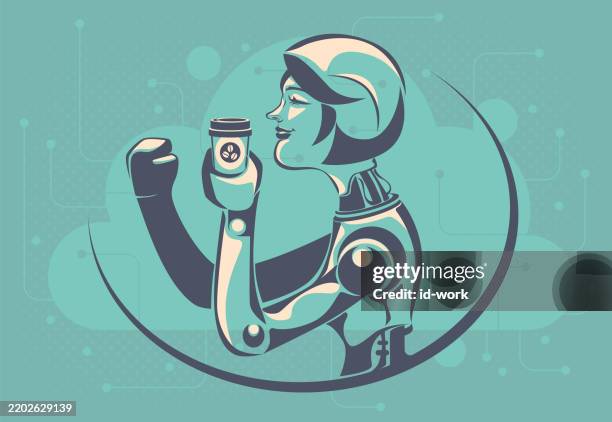 cheerful robot woman holding coffee cup - waking up refreshed stock illustrations