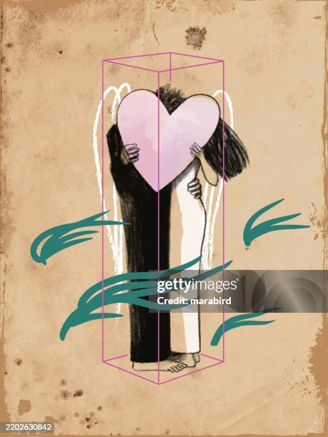 ilustraciones, imágenes clip art, dibujos animados e iconos de stock de amantes ocultos sosteniendo un corazón - kiss paper