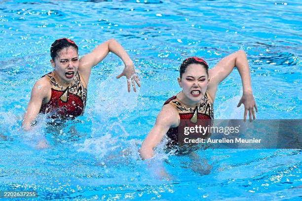Uta Kobayashi and Tomoka Sato of Japan compete in the women duet free during the World Aquatics Artistic Swimming World Cup 2025 - Stop 1 at Piscine...