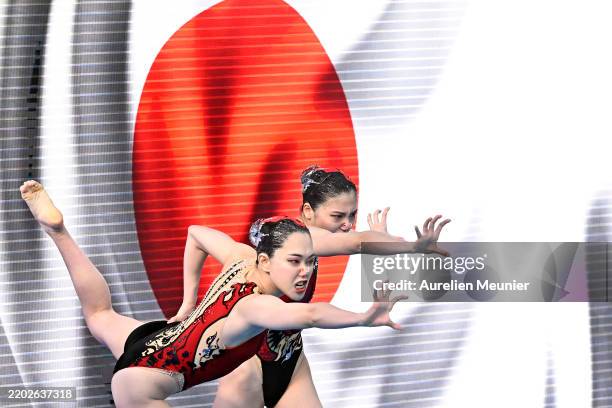 Uta Kobayashi and Tomoka Sato of Japan compete in the women duet free during the World Aquatics Artistic Swimming World Cup 2025 - Stop 1 at Piscine...