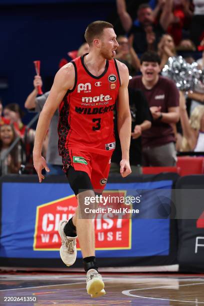 Dylan Windler of the Wildcats celebrates a basket during game two of the NBL Semi Final Series between Melbourne United and Perth Wildcats at RAC...