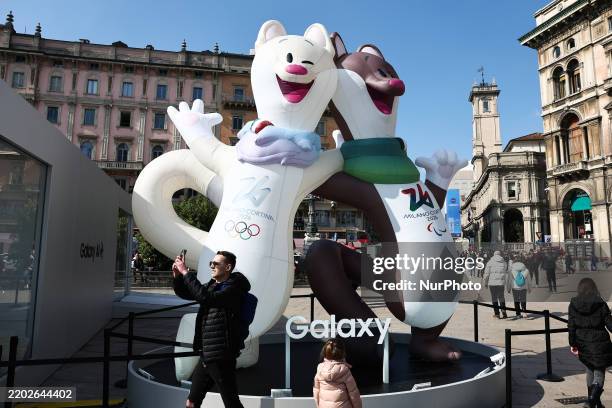 Mascotts are seen at the Milano Cortina 2026 Winter Olympic Games promotion at Piazza del Duomo in Milan, Italy on March 2, 2025.