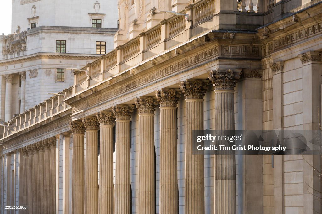 Façade of The Bank of England, Threadneedle Street, City of London at Dusk
