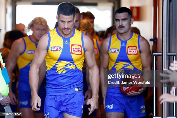 Liam Duggan of the Eagles walks out onto the groun during the 2025 AAMI AFL Community Series match between West Coast Eagles and North Melbourne...