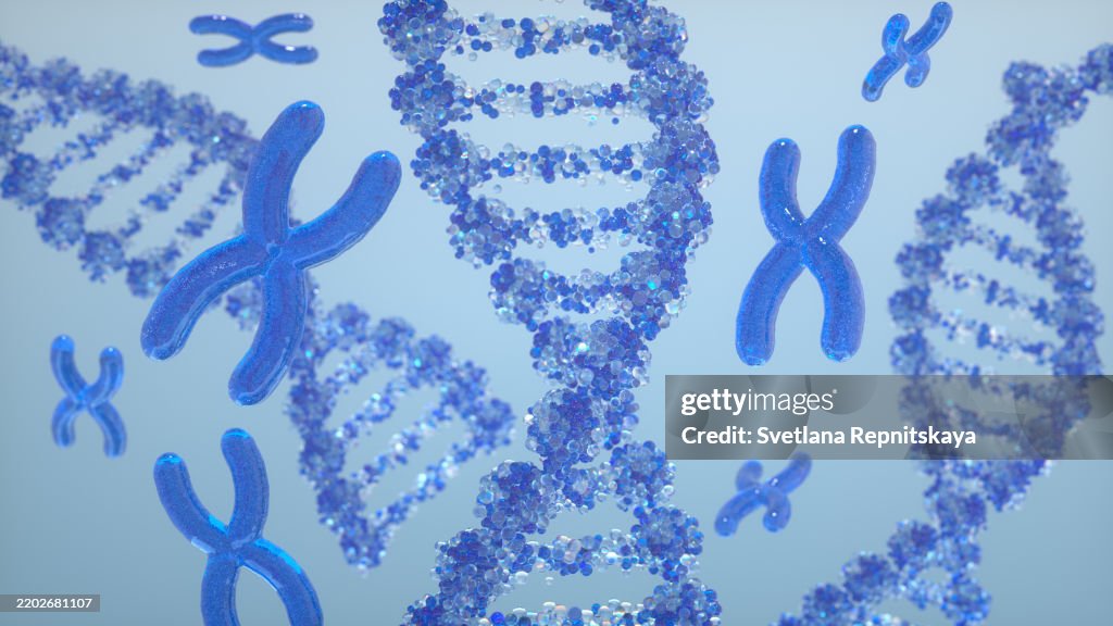 Microscopic view of chromosomes and dna double helix rotating on light blue background