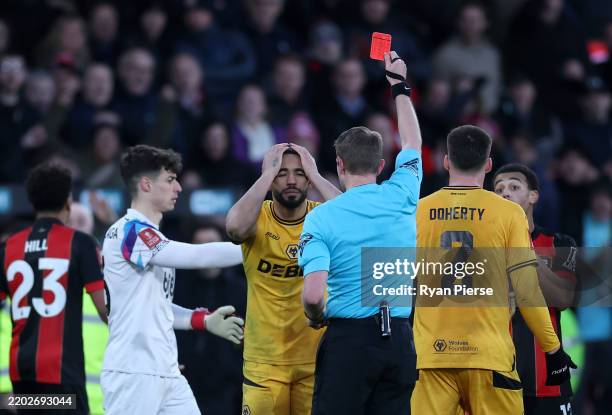 Matheus Cunha of Wolverhampton Wanderers reacts after receiving a red card from referee Chris Kavanagh during the Emirates FA Cup Fifth Round match...