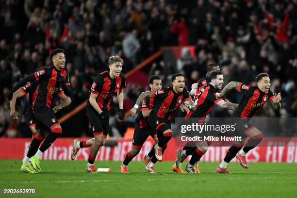 Players of AFC Bournemouth celebrate winning the penalty shootout after the Emirates FA Cup Fifth Round match between AFC Bournemouth and...
