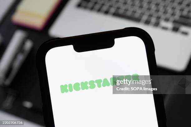 In this photo illustration, a Kickstarter logo is seen displayed on a smartphone.