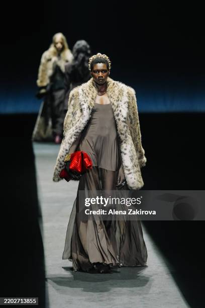 Model walks the runway at the Aniye Records fashion show during the Milan Fashion Week - Womenswear Fall/Winter 2025/2026 on March 01, 2025 in Milan,...