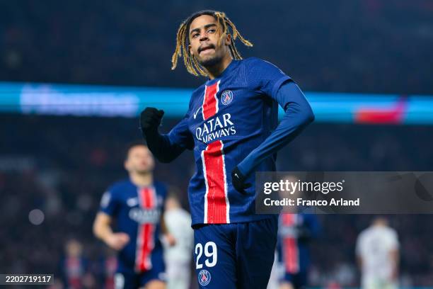 Bradley Barcola of PSG celebrates after scoring his team's first goal during the Ligue 1 match between Paris Saint-Germain FC and Lille OSC at Parc...