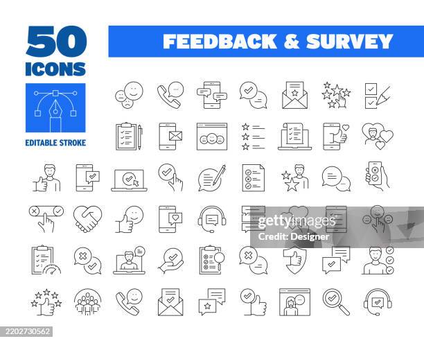 bildbanksillustrationer, clip art samt tecknat material och ikoner med simple feedback and survey line icon set. customer, satisfaction, testimonials, quality. editable stroke 50 line icons. - kommunikation