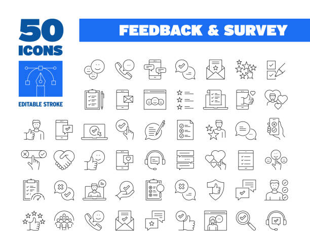 simple feedback and survey line icon set. customer, satisfaction, testimonials, quality. editable stroke 50 line icons. - communication stock illustrations