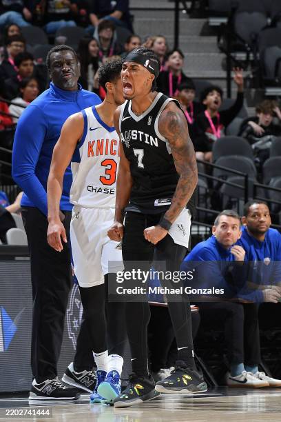 David Duke Jr. #7 of the Austin Spurs celebrates during the game against the Westchester Knicks on March 4, 2025 at Frost Bank Center San Antonio...