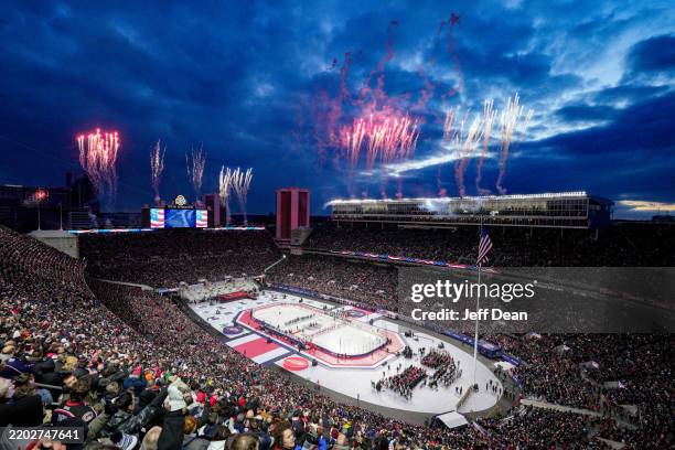 Fireworks are displayed during the national anthem prior to the 2025 NHL Stadium Series between the Columbus Blue Jackets and the Detroit Red Wings...