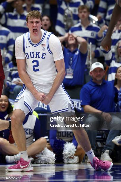 Cooper Flagg of the Duke Blue Devils reacts following a blocked shot during the second half of the game against the Florida State Seminoles at...