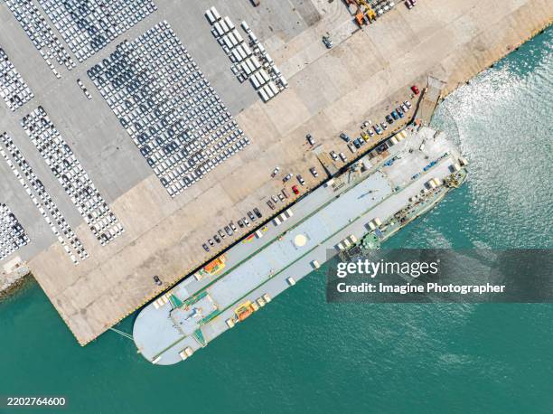 Car Loading Ship Aerial Top View Of A Large Cargo Ship Loading Cars Onto A Ship Car ...