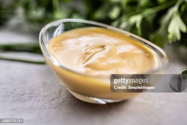 handmade mayonnaise made from eggs, mustard, sunflower oil and salt in a glass bowl - aioli stock-fotos und bilder