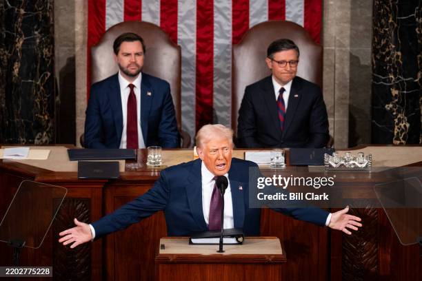 President Donald Trump delivers his address to a joint session of Congress in the U.S. Capitol on Wednesday, March 4, 2025. Vice President JD Vance,...