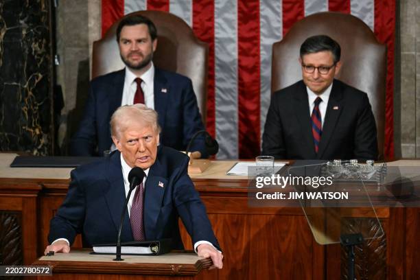 President Donald Trump speaks during an address to a joint session of Congress in the House Chamber of the US Capitol in Washington, DC, on March 4,...