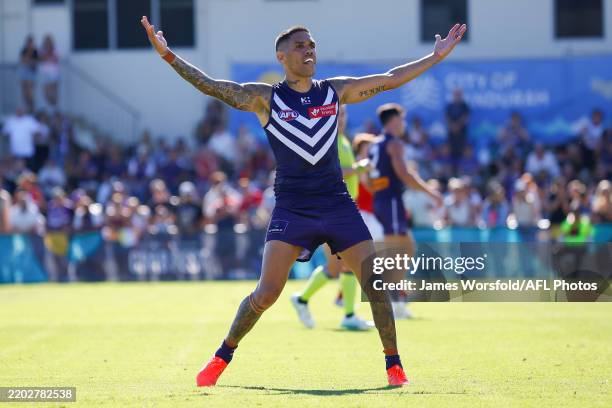 Michael Walters of the Dockers celebrates his goal during the 2025 AAMI AFL Community Series match between Fremantle Dockers and Melbourne Demons at...
