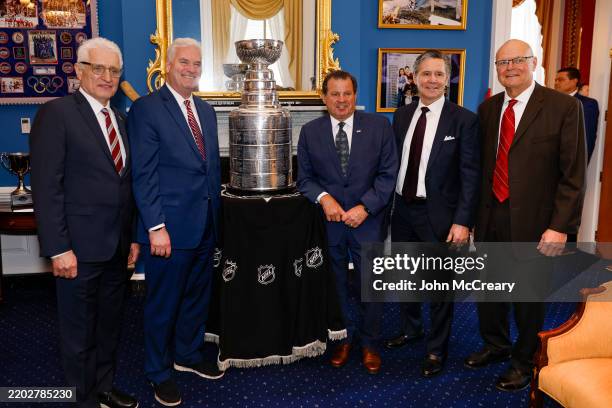 House Majority Whip Tom Emmer poses with the Stanley Cup, gand Gold Medalists in mens ice hockey from the 1980 Winter Olympic Games, Mike Eruzione,...