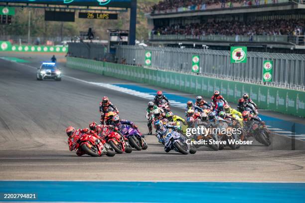 MotoGP field at turn one after the race start during the Race of the MotoGP PT Grand Prix of Thailand at Chang International Circuit on March 02,...