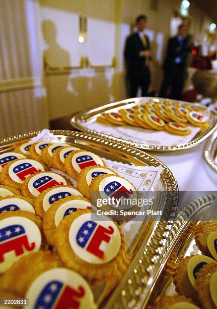 Republican elephant cookies sit on a table at the Republican National Committee summer meeting July 25, 2003 at the Waldorf Astoria in New York City....