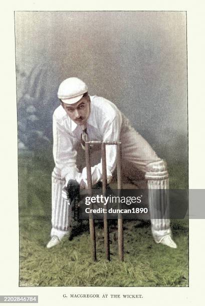 illustrazioni stock, clip art, cartoni animati e icone di tendenza di storia del cricket, wicketkeeper al wicket, fotografia d'epoca del 19 ° secolo, sport vittoriani - mandare fuori gioco cricket