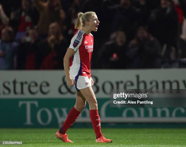 BOREHAMWOOD, ENGLAND Leah Williamson of Arsenal celebrates scoring her team's third goal during the Barclays Women's Super League match between...