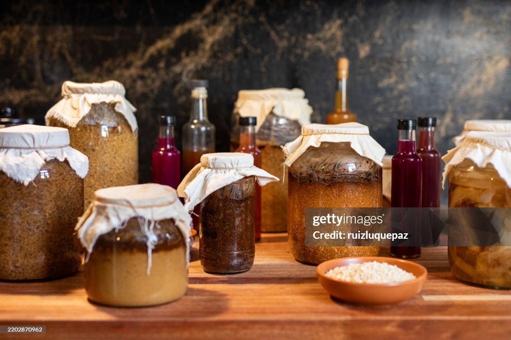 Variety of fermented products such as chickpea, rye and barley misos, vinegars and kombuchas