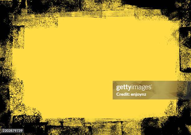 illustrazioni stock, clip art, cartoni animati e icone di tendenza di illustrazione vettoriale della cornice grunge nera strutturata su sfondo giallo - sfondo giallo
