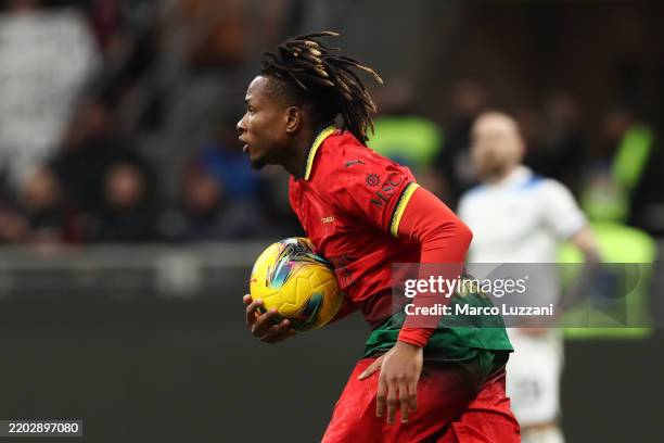 Samuel Chukwueze of AC Milan celebrates scoring his team's first goal during the Serie A match between AC Milan and SS Lazio at Stadio Giuseppe...