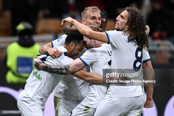 Pedro of Lazio celebrates his goal during the Serie A match between Milan and Lazio at Stadio Giuseppe Meazza on March 02, 2025 in Milan, Italy.