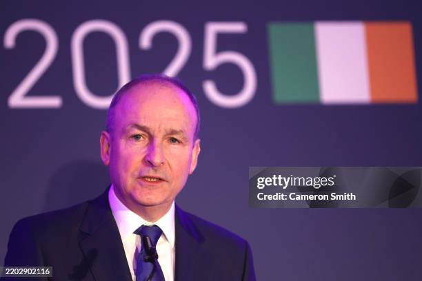 Ireland's Prime Minister Micheal Martin speaks during a cultural reception ahead Of UK/Eire Summit at the Museum of Liverpool on March 5, 2025 in...