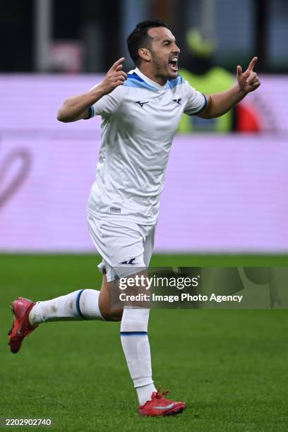 Pedro of Lazio celebrates his goal during the Serie A match between Milan and Lazio at Stadio Giuseppe Meazza on March 02, 2025 in Milan, Italy.