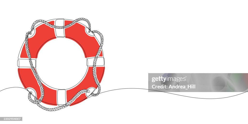 Life Ring, with Rope, Buoy Continuous Line Drawing with Editable Stroke and Color Elements